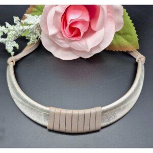Brushed Silver Tone & Gray Faux Leather Structured Collar Choker Necklace 18"